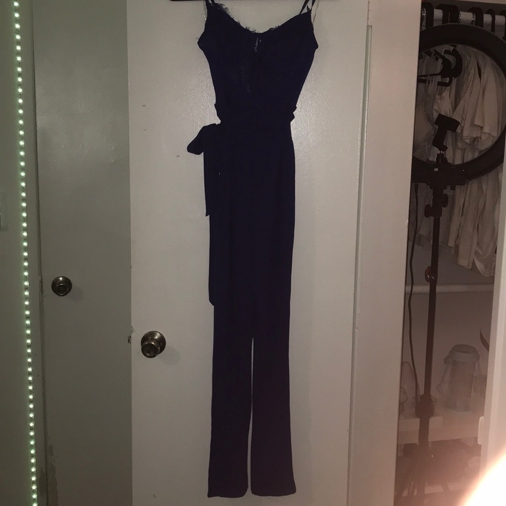 Blue straight leg lace top bodysuit